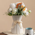 White Ceramic Vase with Lace Bow & Ribbed Texture - 7.7" Unique Flower Vase for Pampas Grass & Centerpieces, Farmhouse/Boho Decorative Vase for Living Room, Office Desk & Gift for Her/Yourself