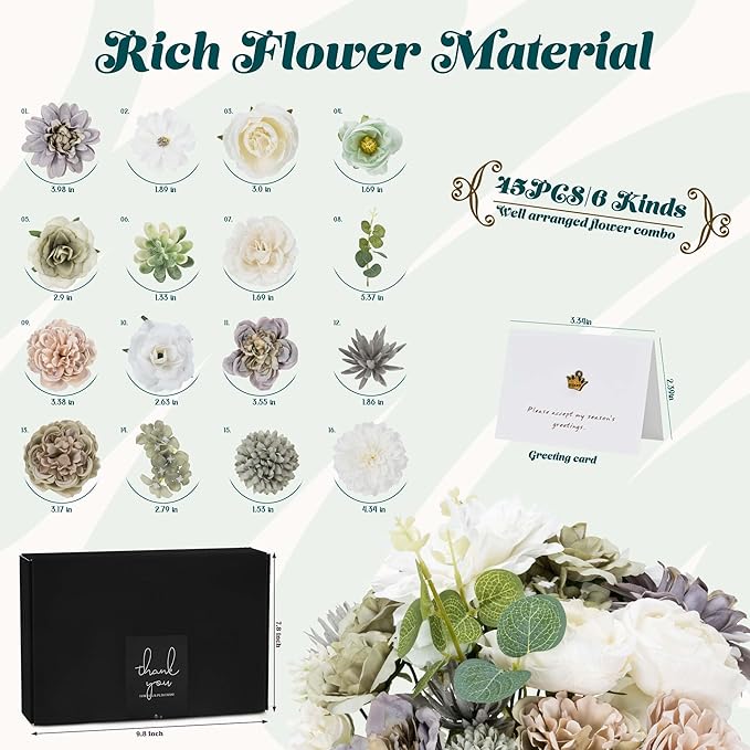 Artificial Flowers Combo Box, Fake Silk Foam Flower Mix with Wire Stem, DIY Wedding Bridal Bouquet Shower Party Home Décor (30-40 Pieces) (Dusty Green)