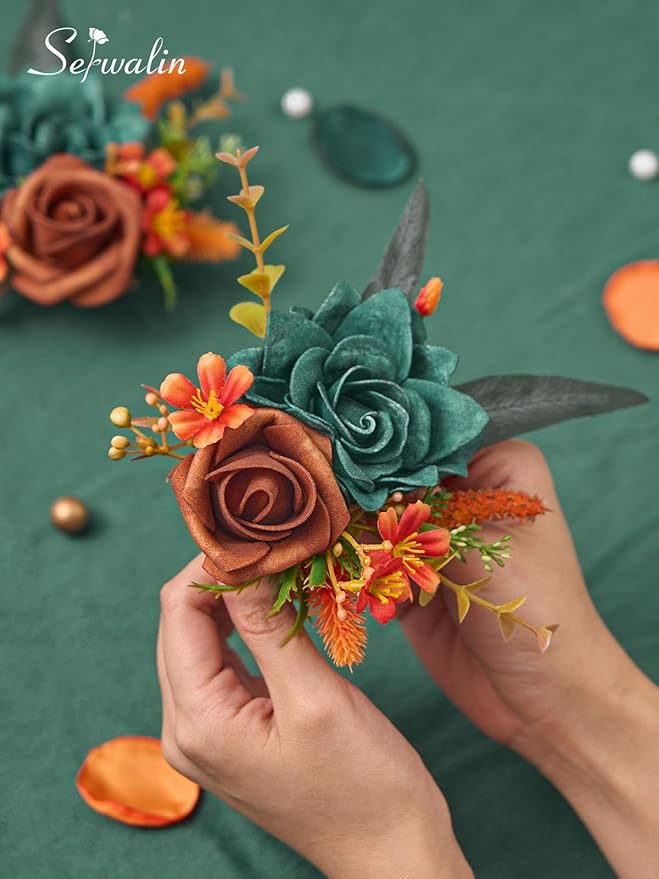 Serwalin Teal Orange Wrist Corsage and Boutonniere Set 2pcs, 6-7inch Boutonniere for Men, Corsage Wristlet Wristband Prom Flower Wedding Flowers Accessories Prom Suit Decorations