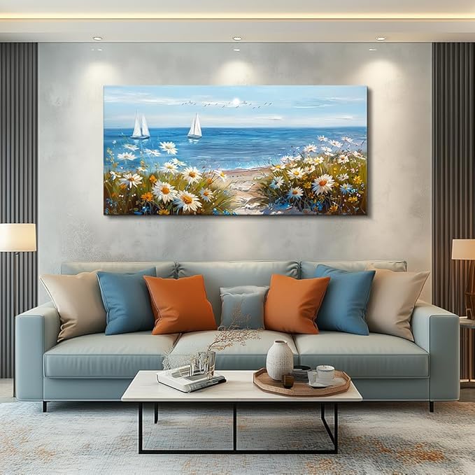 PHAOHUAXM Home Decor Printing Canvas Picture Blue Ocean Landscape Painting Wall Art For Living Room Farmhouse Dinin Mural White Flowers Bedroom Office Wall Decoration Artwork Easy To Hang 20x40 In