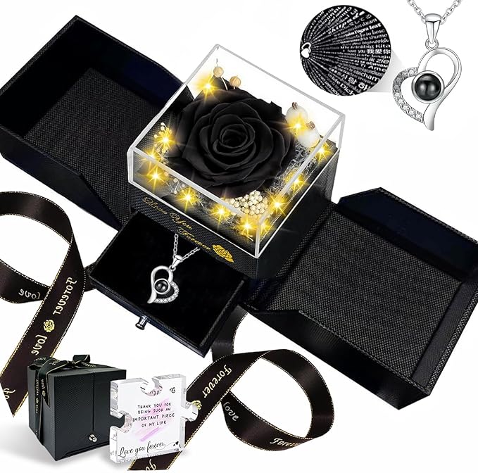 Preserved Real Rose-Eternal Flowers Rose Mothers Day for Mom Women Her Wife Girlfriend on Birthday Valentines with I Love You Necklace 100 Languages Romantic Gift (Black)