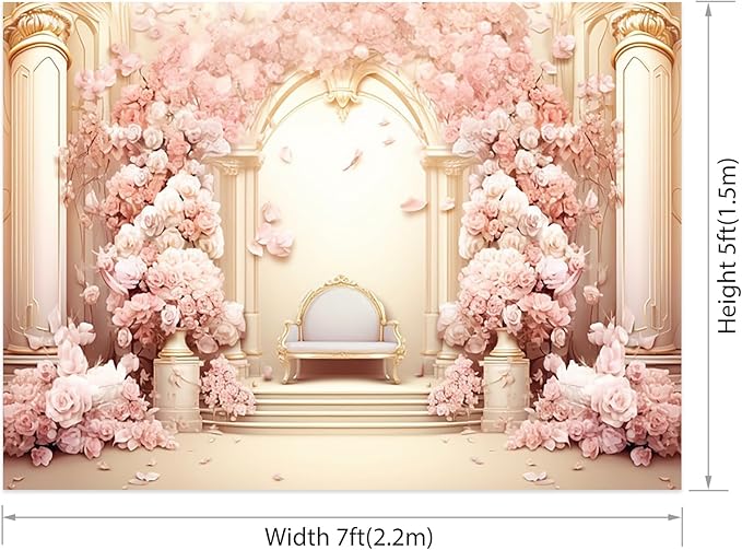 AOFOTO 7x5ft Wedding Backdrop Palace Hall Wall Spring Pink Flower Arch Background for Photography Bridal Shower Valentine's Day Prom Decoration Banner Girl Portrait Photo Booth Backdrop