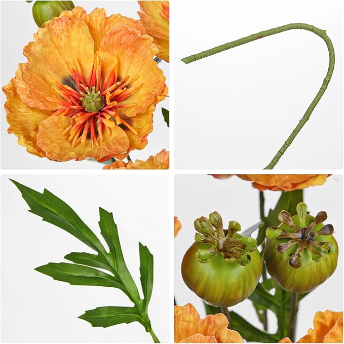 Hollyone 5Pcs Orange Poppy Flowers Artificial Bouquet 32.2" Silk Fake Poppy Flowers Arrangement Real Touch Faux Poppies Flower Long Stem for DIY Wedding Party Table Centerpiece Table Home Decor