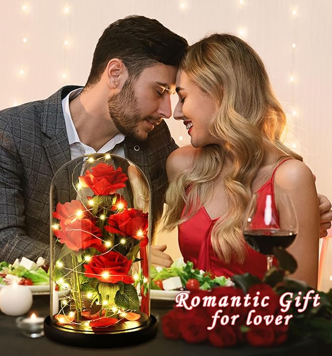 Christmas Rose Gifts for women,Beauty and The Beast Rose in Glass Dome with LED Light,Glass Rose Flower Gifts for Her,Christmas Birthday Gifts for Women Mom Wife Girlfriend Friend Forever Red Rose