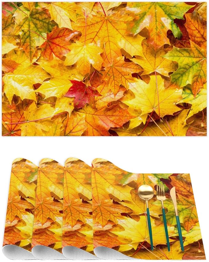 Autumn Maple Leaf Fall Placemats Set of 4 PVC Vinyl Non Slip Table Mats Heat Resistant Place Mats Washable Wipeable Dining Table Mat for Kitchen Decor Party Indoor Outdoor Decorative Gift