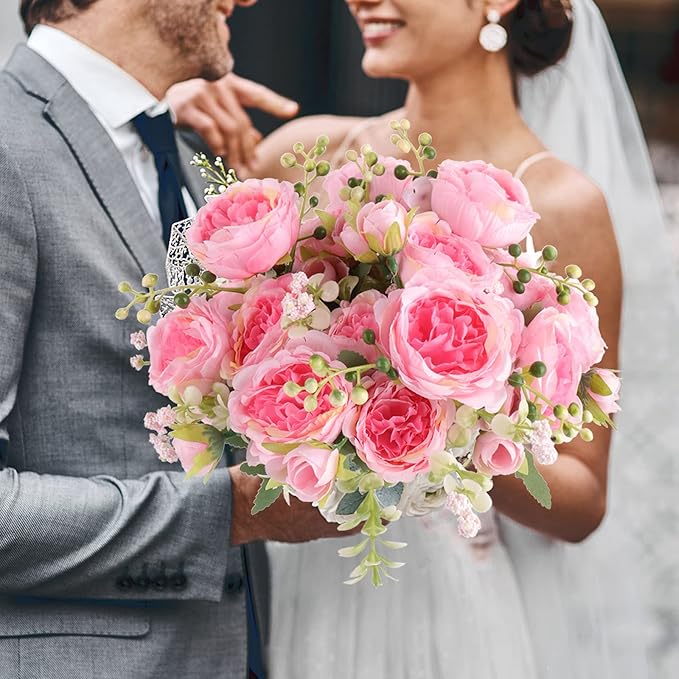 Artificial Peonies Silk Flowers, Pink Faux Peony Bouquet 4 Bundles Florals Arrangements Decor for Farmhouse Home Boho Wedding Table Centerpiece, Fake Plastic Flowers Bulk for Vase Decoration (Pink)