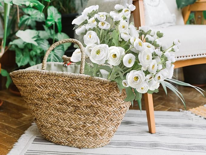Ranunculus Artificial Flowers 5PCS Faux Peonies White Silk Ranunculus Flowers with Stems 21.65" Real Look Fake Flowers Bulk for DIY Wedding Bridal Shower Table Centerpieces Home Decor(White)
