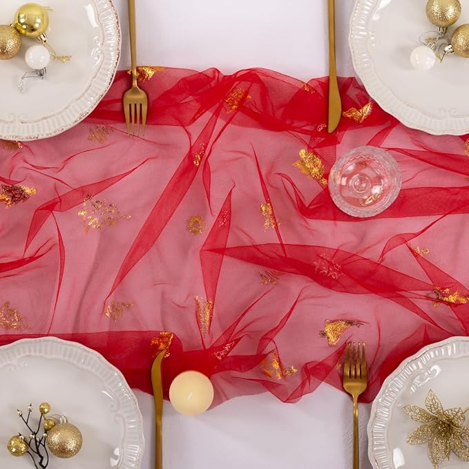 Socomi Christmas Tree Table Runner Gold Gauze Sheer Chiffon Cheesecloth Sequin 10FT Glitter Metallic Foil Dining Wedding Birthday Party Winter Holiday Centerpiece Table Decor Red