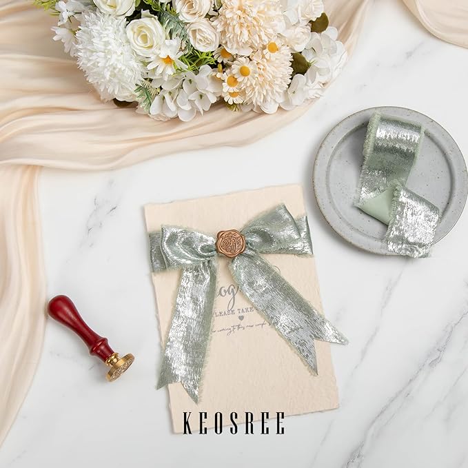 Sage Green Silk Chiffon Ribbon,Frayed Shimmery Silk Ribbon for Bridal Flower Bouquet Christmas Gift Wrapping Wedding Decor Invitations Decorations 1.5" x 15 Yards (5Yards X 3 Rolls)