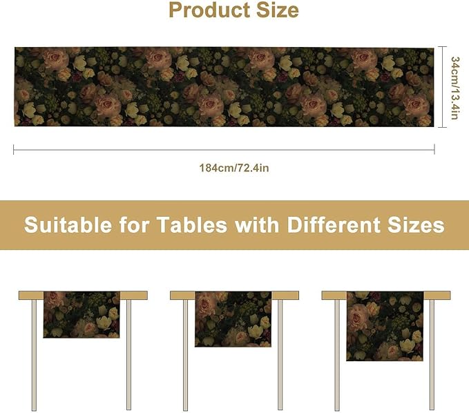 Vintage Floral Table Runner,Pink Flowers Rose Gothic Print Table Runner for Home Kitchen Table Dining Indoor Outdoor Party Decor 13x108 Inch