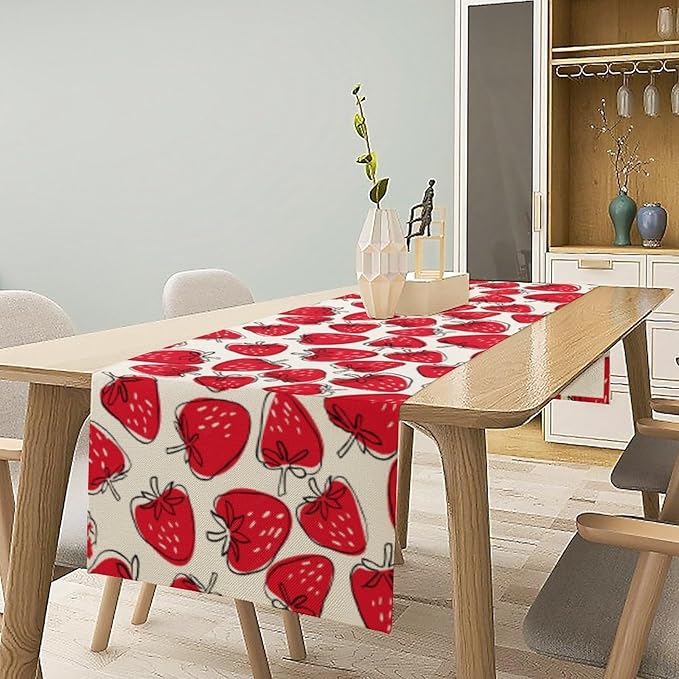 Strawberry Table Runner, Spring Summer Fruit Birthday Party Decorations Dining Room Home Kitchen Table Decor 13 x 90Inches