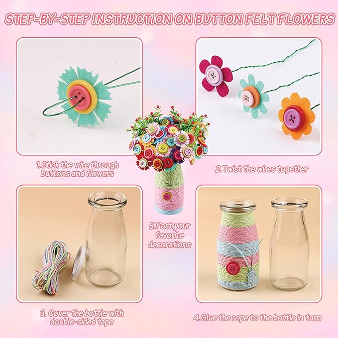 Mostop DIY Flower Crafts Kit for Kids Ages 6-10, DIY Flower Bouquet Craft Kit with Buttons, Felt Flowers and 2 Vase, Poke in Arts and Crafts Birthday Gift for Gilrs Age 6-8 8-10, Flower Making Kit