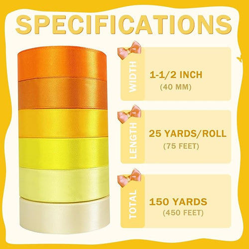 150 Yards Orange Satin Ribbon 1-1/2 Inch 6 Rolls Assortment Ribbons for Crafts Gift Wrapping Flower Bouquet Wedding Invitations Birthday Party Festival Decoration Hair Bows