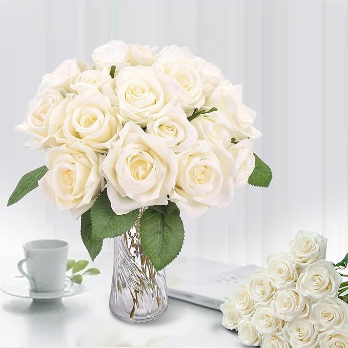 50PCS Artificial Roses with Long Stems - Realistic Silk Flowers, Fake Roses Real Touch Bouquet of Roses for Home Decor, Bridal Wedding Party Table Centerpieces, Bulk Faux Rose Flowers (White)