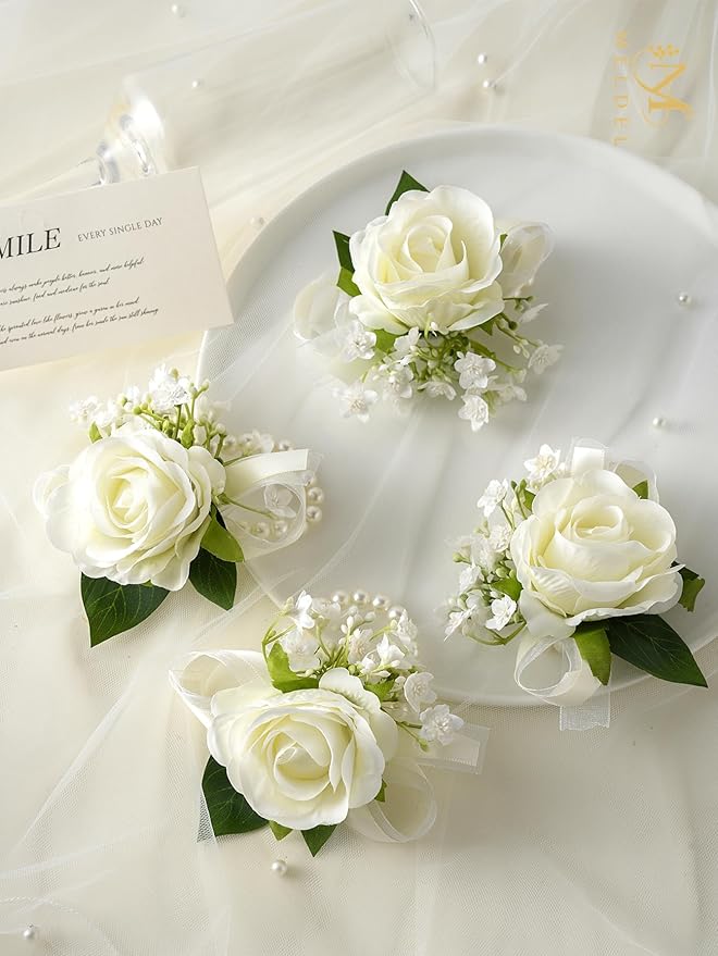 Meldel 6 Pcs Ivory White Rose Wrist Corsage for Wedding, Bride Bridesmaids Corsages, Pearls Bracelet Wrist Flower for Prom Homecoming Party, Wrist Corsage for Mother of Bride and Groom Wedding Decor