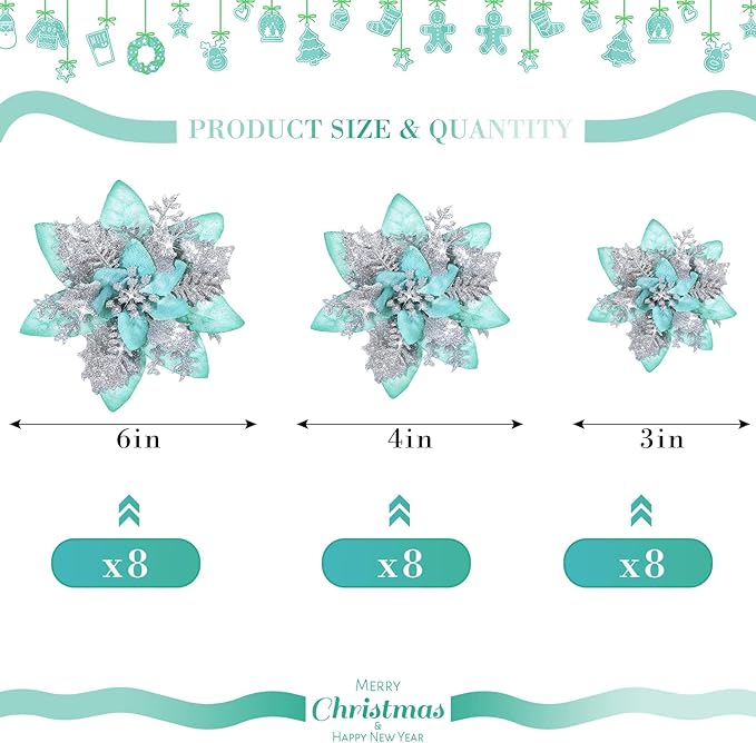 24 Christmas Glitter Artificial Poinsettia Flowers Xmas Poinsettia Artificial Wedding Flowers Decorations Xmas Tree Ornaments with Clips for Party Favors, 6 Inch, 4 Inch, 3 Inch (Silver and Green)