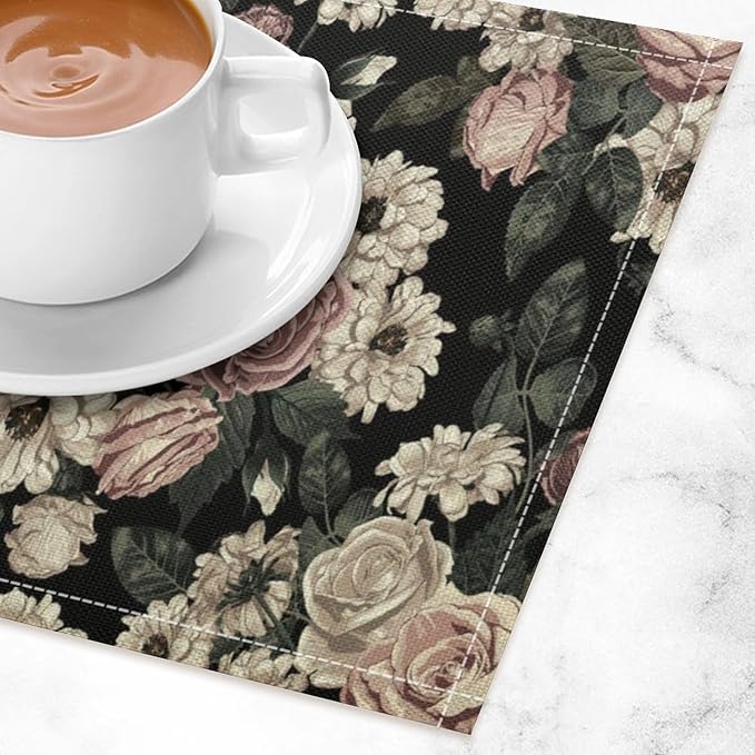 Floral Placemats Set of 4, 17x12 Inch Vintage White Pink Rose Flower Spring Plant Boho Art Print Table Mats for Home Party Kitchen Dining Decor