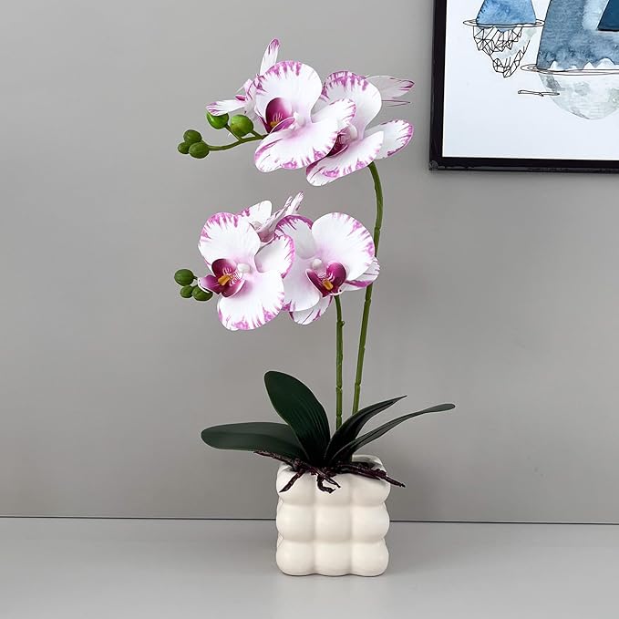 Artificial Orchids in Vase, White Purple Edged, 14 in Height, Home Decor Orchid Artificial Flowers