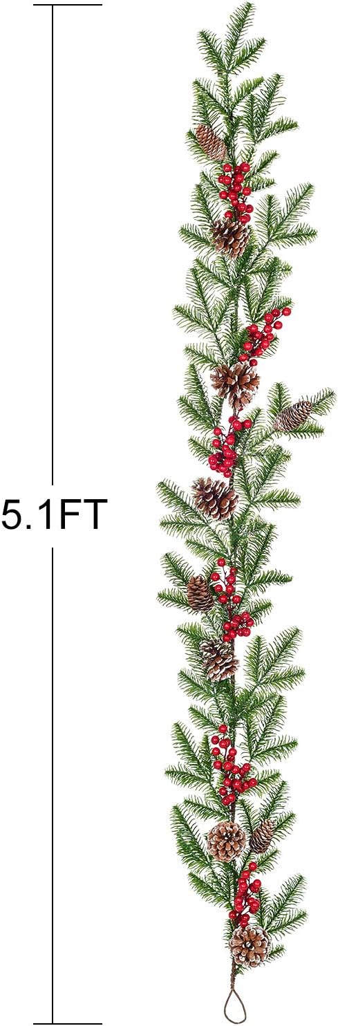 DearHouse 6FT Artificial Christmas Pine Garland with Red Berry Branch Pine Cone Winter Greenery Garland for Holiday Season Mantel Fireplace Table Runner Centerpiece Décor