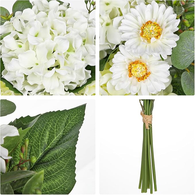 Hydrangea artificial Flowers 12PCS White Faux Flowers Fake Hydrangea Daisies Silk Arrangements Long Stems Realistic Fake Flowers for Vase Floral Centerpiece Wedding Bridal Bouquet Party Home Decor