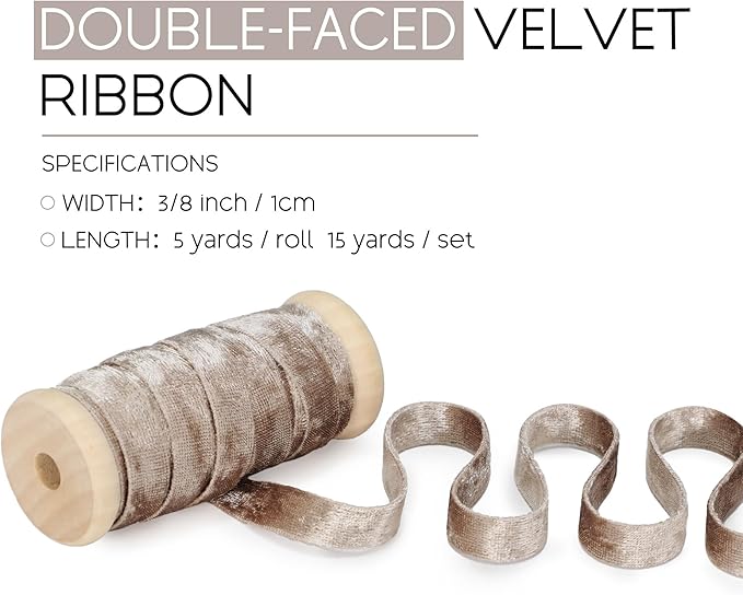 Velvet Champagne Ribbon Double-Sided Handmade Glossy Fabric Trim Wooden Spool Thin Ribbons for Christmas Tree Gift Wrapping Crafts Wedding Flower Bouquet 3/8 inch x 5YD 3 Rolls