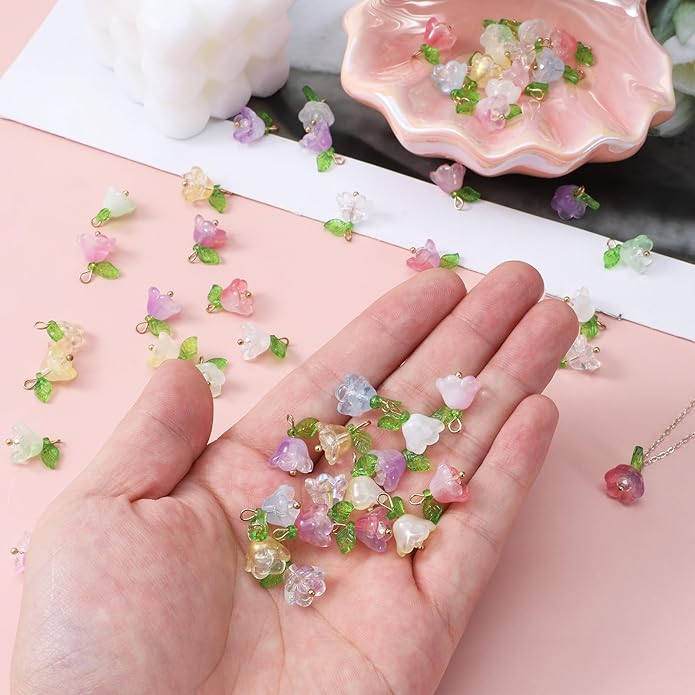 60Pcs Glass Flower Charms for Jewelry Making, Crystal Glass Floral Pendants Gold Floral Beads Charms Transparent Blooming Rose Dangle Charm for Jewelry Making Bracelet Earring Necklace Craft