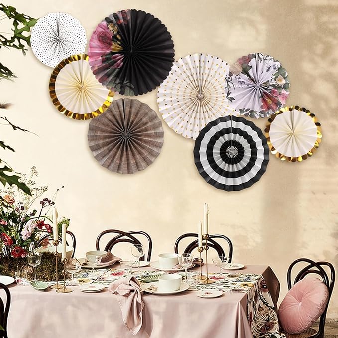 zilue Paper Fans Party Decorations Paper Flowers Decorations for Wall Classroom Floral Backdrop Baby Shower Birthday Party Flower Wall Decor Pack of 8 Vintage Black Ivory