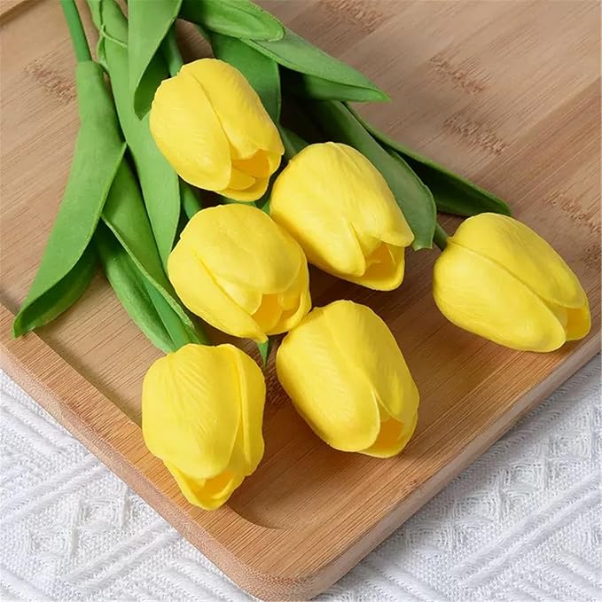 Yellow Faux Tulips (20 Pcs) - Premium PU Artificial Flowers for Christmas & Thanksgiving Table Setting, Winter DIY Home Decor - 13.5" Real Touch