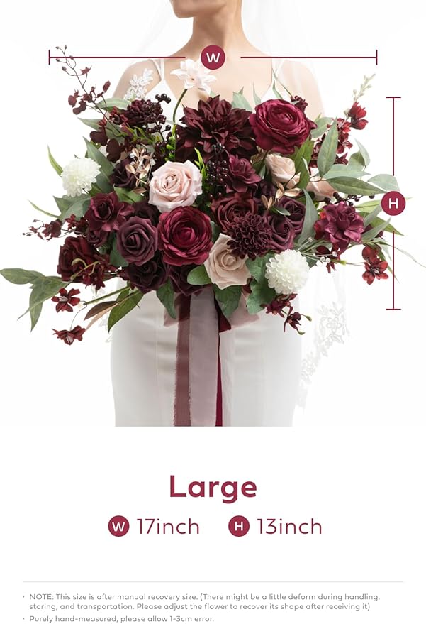 Ling's moment Red Wedding Bouquets for Bride, Burgundy and Blush Bridal Bouquets for Bride,17 Inch Free Form Artificial Wedding Flower Bouquet