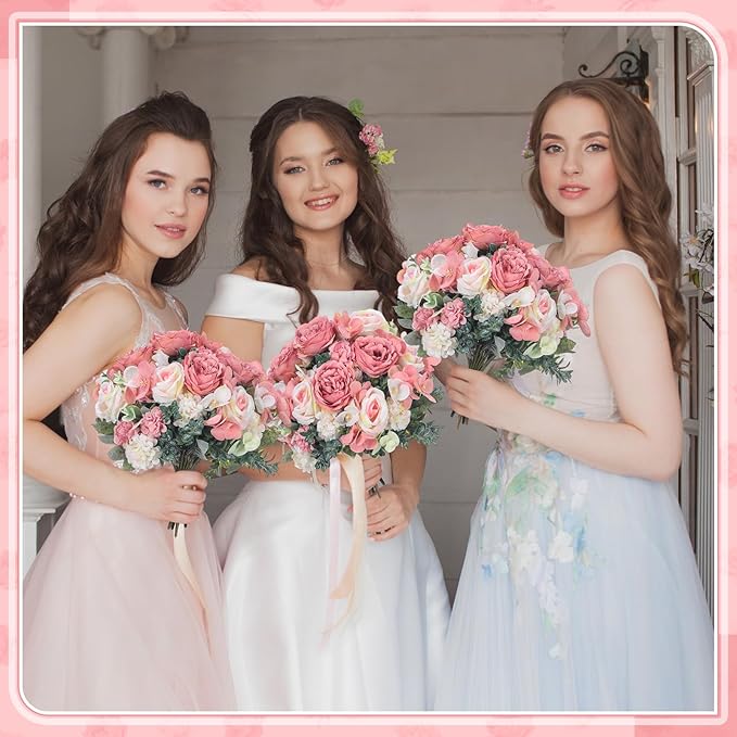 6 Pcs Artificial Peony Silk Florals Fake Mix Silk Peony Rose Faux Flower Hydrangea Bouquet Elegant Realistic Wedding Floral Centerpiece for Home Party Table Arrangement (Light Pink)