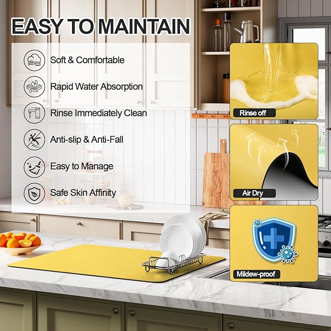 Dish Drying Mat for Kitchen Counter | Coffee Bar Mat for Countertops | Heat Resistant Drainer Mat with Non-slip Rubber Backed | Hide Stain Kitchen Absorbent Draining Mat | Yellow 18"x24"