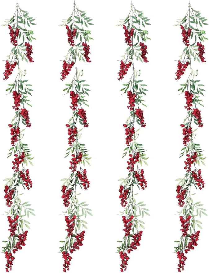 Duovlo 4Pcs 6.6Ft/Piece Imitation Silk Wisteria Garland Hanging Flower Vine for Home Outdoor Garden Ceremony Wedding Arch Floral Decor (Red)