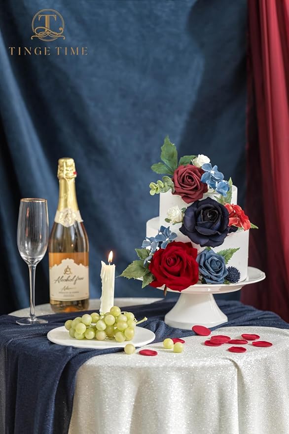 TINGE TIME Artificial Flowers Combo Mix Silk Flowers Navy Blue Roses w/stem for DIY Wedding Bridal Bouquets Baby Shower Floral Arrangement Table Centerpieces Home Decorations (Red & Navy Blue & White)
