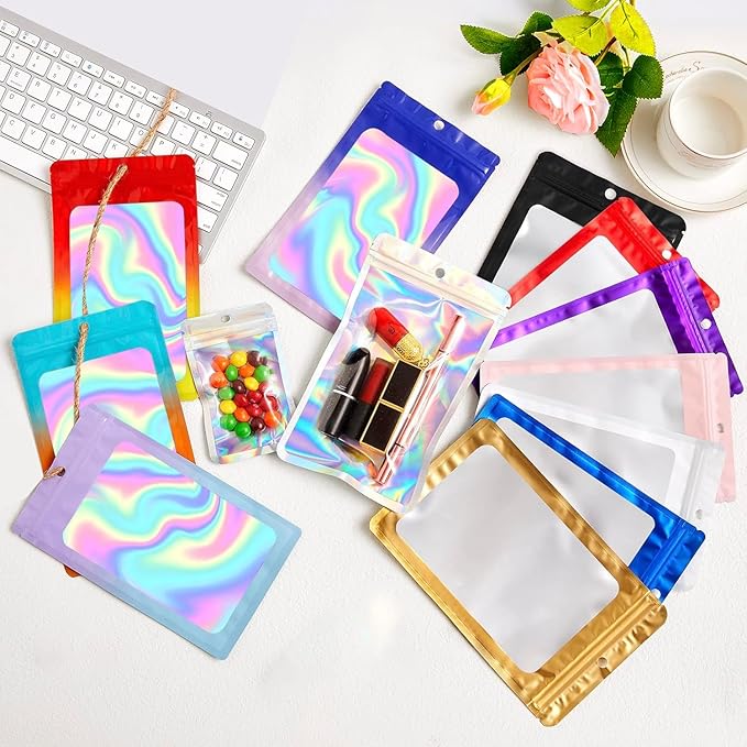 400 Pack 4 Size Bags with Clear Window,Scratch Resistant Hand Holographic Packaging Pouch,Resealable Bag for Small Bussiness Cookies Jewelry Candy Sample (Gold, 2.4×3.9,3x4.7,4×7,5.5×7.9 inch)
