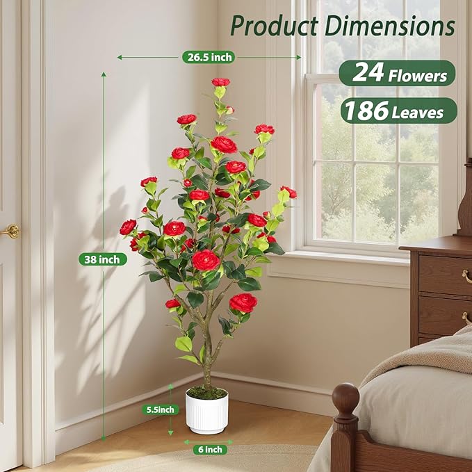 Artificial Camellia Tree 4FT – Nearly Natural Faux Plants Indoor, with Easy Assembly, Low Maintenance, Ideal for Both Indoor Decoration and Other Purposes，Perfect Porch Christmas Trees (Red 4ft x2)