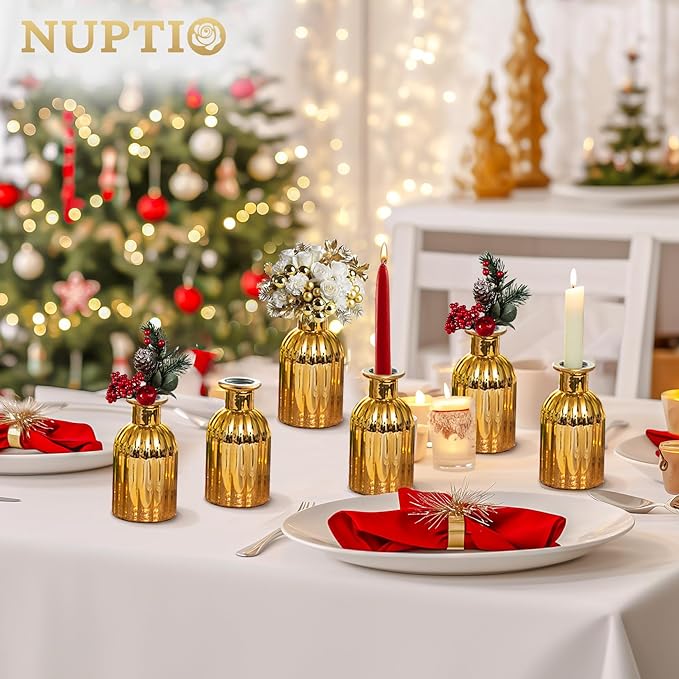 NUPTIO Bud Vases Small Gold: 12 Pcs Glass Vase Set in Bulk for Flowers - Mini Vintage Flower Bottle Single Vases for Wedding Table Centerpieces