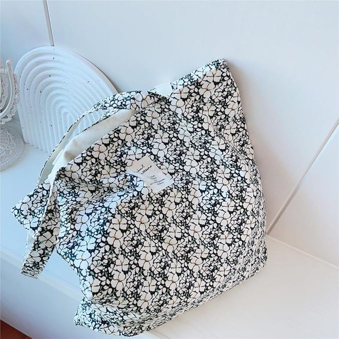 Cotton Canvas Tote Bag Reusable Soft Grocery Cloth Bag Floral Shoulder Bag for Beach Travel Shopping