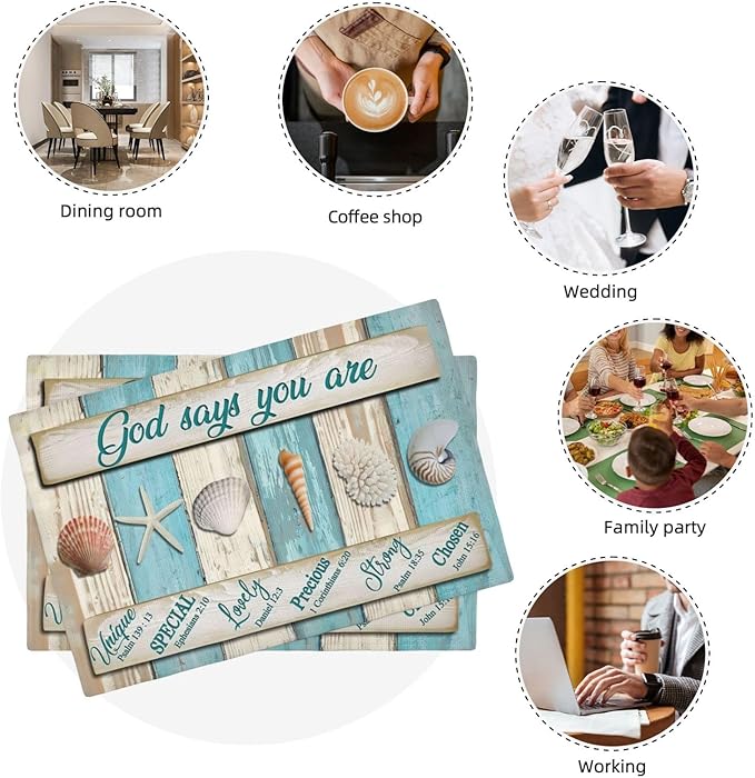 Coastal Seashell Placemats Set of 6 Ocean Nautical Table Mats Washable Place Mats for Home Party Indoor Kitchen Dining Table Decoration 12x18 Inch