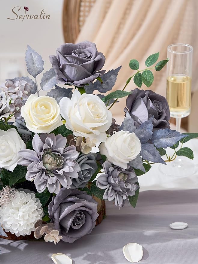 Serwalin Grey Artificial Flowers, Silk Fake Flowers for DIY Wedding Bridal Bouquets, Wedding Cake Flowers for Table Centerpieces Baby Shower Birthday Party Home Decorations