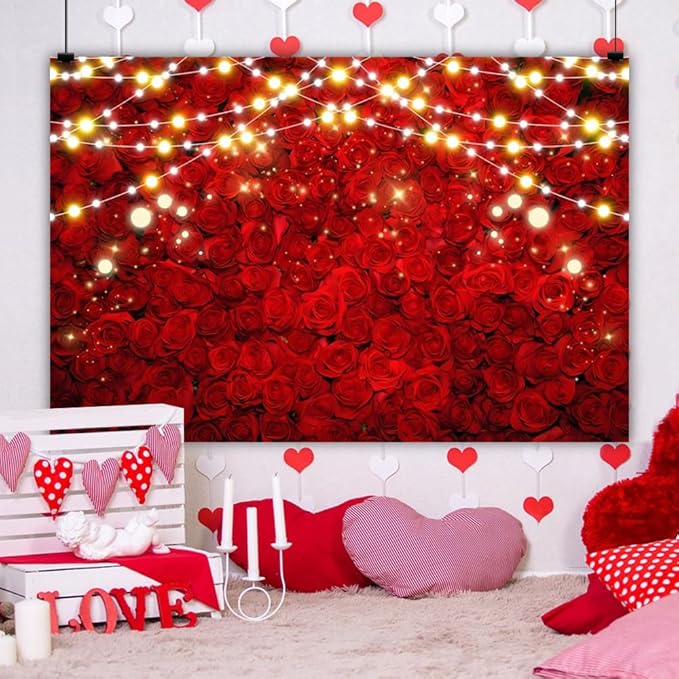 Leowefowa 12x8ft Red Rose Photo Backdrop Romantic Rose Floral Wall Background for Lover Sweet Valentine's Day Wedding Bridal Shower Mother's Day Sweet Party Banner Decor Photo Supplies Prop