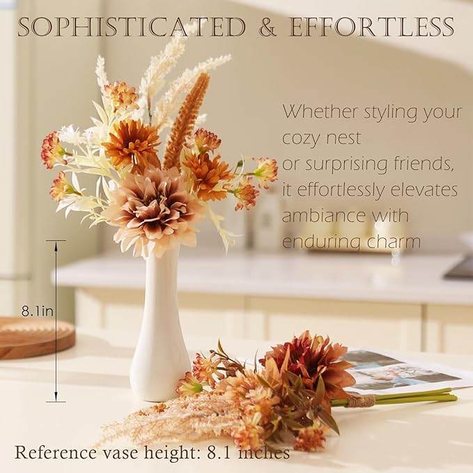 Fake Flower Bouquet, Faux Flower Arrangement for Decorating Kitchens, Bedrooms, Bathrooms, Realistic Artificial Flowers Made of Silk & Plastic, Floral Decoration with Dahlia & Small Blossoms