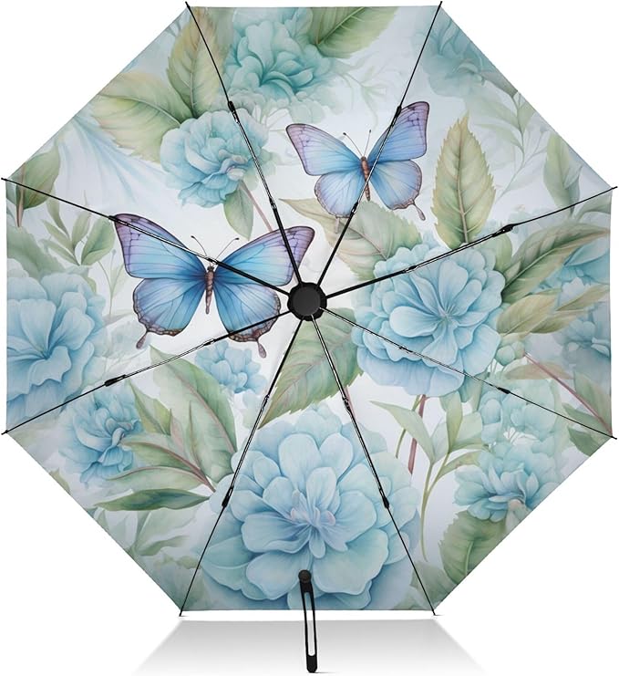 Automatic Folding Umbrella Windproof Strong, UV Protection Compact Floral Hydrangea Hummingbird Sun Rain Sun Rain Travel Umbrellas for Women Men
