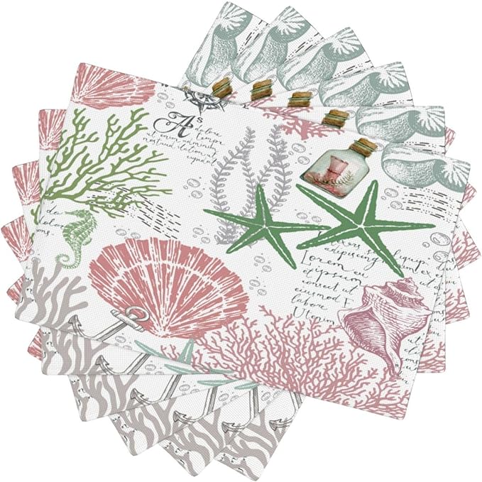 Summer Ocean Placemats Set of 4,Nautical Coastal Pink Green Starfish Seashell Coral Theme Linen Table Mats for Home Kitchen Dining Party Decor 6 PCS