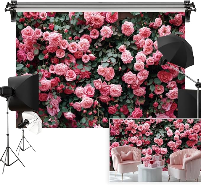 10x8ft Pink Flower Wall Backdrop Roses Floral Background Spring Tea Party Photography Banner for Wedding Birthday Bridal Shower Mother's Day Women's Day Valentine's Day Princess Portraits