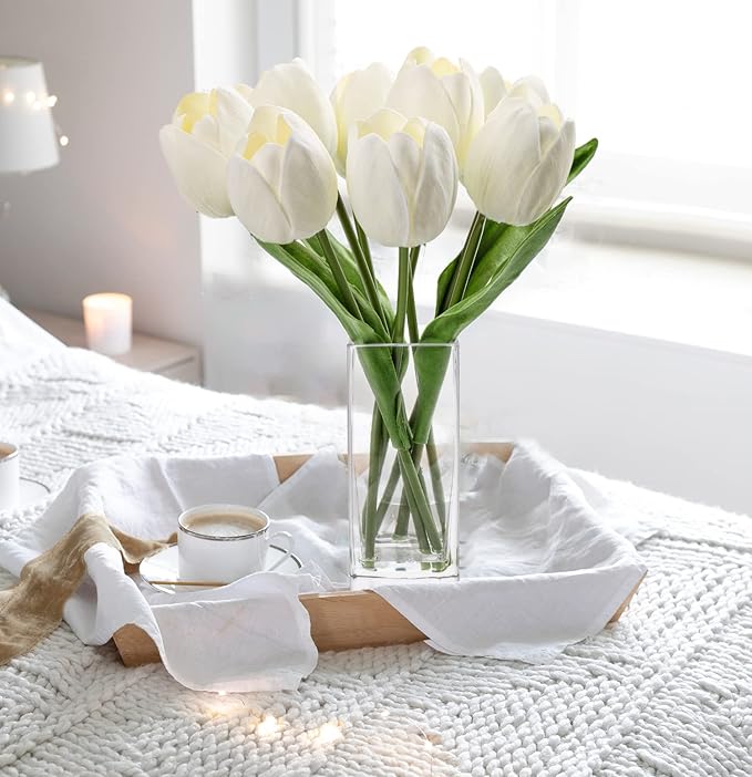 Briful Fake Flowers Artificial Tulip Flower White in Clear Vase, Real Touch Foam Tulip Arrangement Suitable for Home Office Decoration, Dining Table Centerpiece