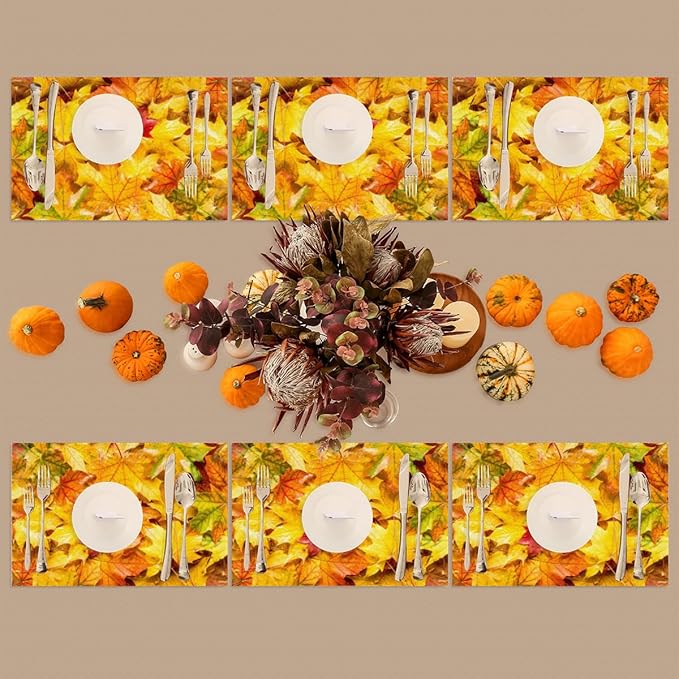 Autumn Maple Leaf Fall Placemats Set of 4 PVC Vinyl Non Slip Table Mats Heat Resistant Place Mats Washable Wipeable Dining Table Mat for Kitchen Decor Party Indoor Outdoor Decorative Gift