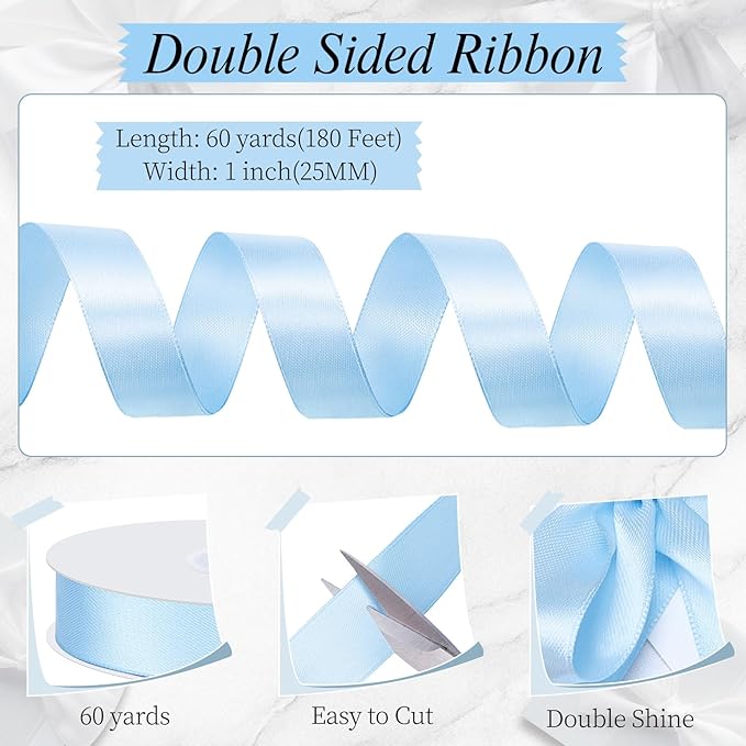 Blue Ribbon 1 Inch 60 Yards Double-Sided Light Baby Blue Satin Ribbon for Baby Bridal Shower Party Nursery Decor Wedding Hair Bows Christmas Gift Wrapping