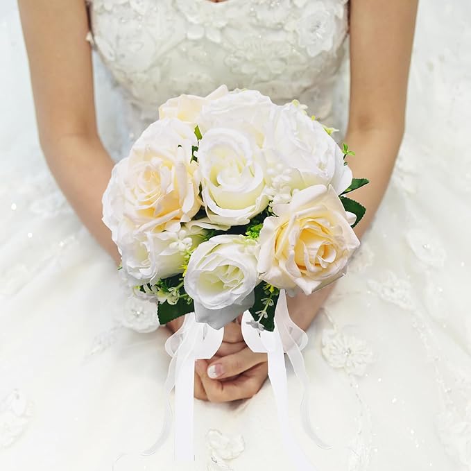 Wedding Bouquets for Bride - Realistic Silk Flowers Artificial Roses, 8 Inch Bridesmaid Bouquet for Ceremony, Church, Anniversary, and Home Decoration (White & Champagne)