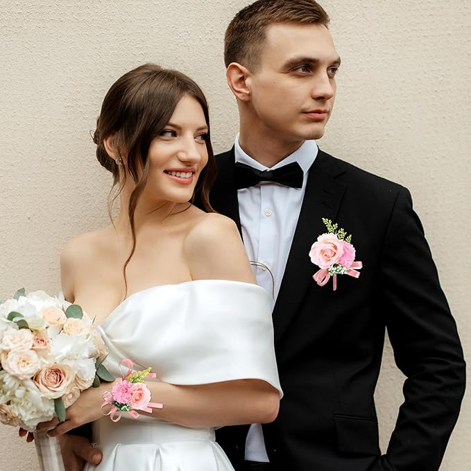 Corsage and Boutonniere Set, Artificial Corsage Wristlet and Boutonniere for Wedding Flowers Accessories (Pink, 2PCS)