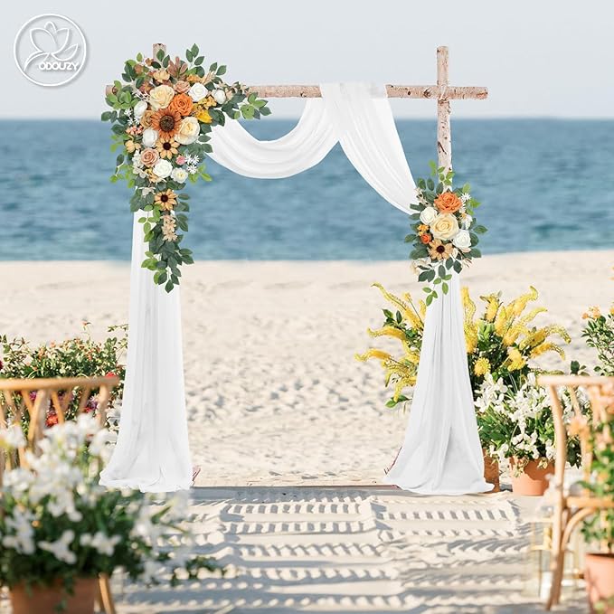 Wedding Arch Flowers Kit,Artificial Flower Arch Decor (Set of 3),2pcs Artificial Flower Arrangement with 1pc Sheer Drape for Wedding Decor Reception Backdrop Floral Decorations (Coffee Orange)